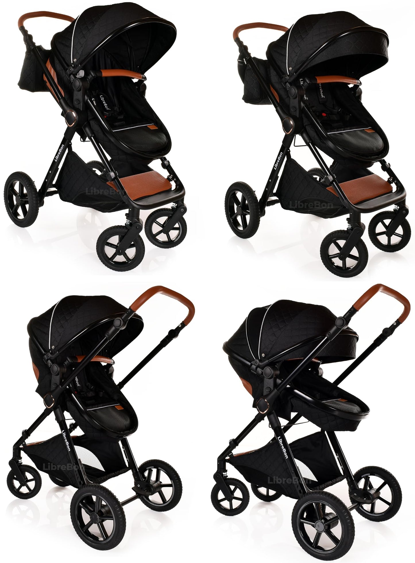 Boneelook 3-in-1 baby buggy pram pushchair with lightweight aluminum frame, black color, suitable for newborns and toddlers.