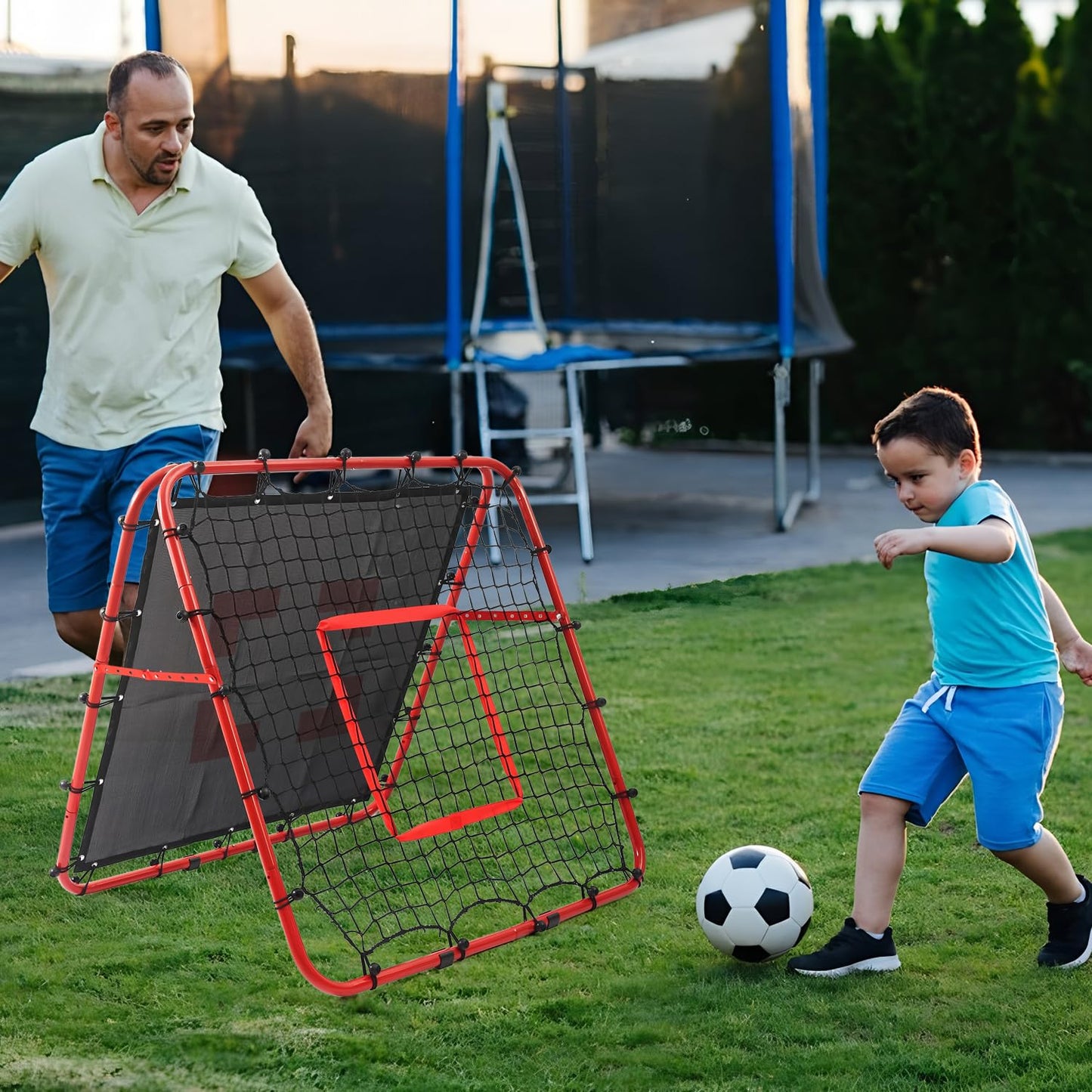 Double-Sided Football Rebounder Net, Adjustable Goal in 5 Levels, Rebound Net with Goal Kickback Target for Kids Soccer Training, Portable Football Goals for Garden Outdoor, 100 x 100 cm Red