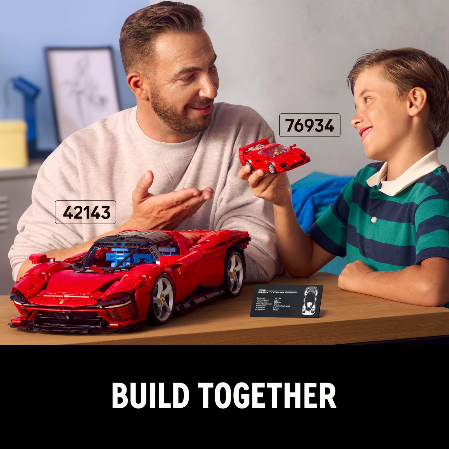 LEGO Speed Champions Ferrari F40 toy model car with driver minifigure, ideal for kids' bedroom decor and imaginative play.