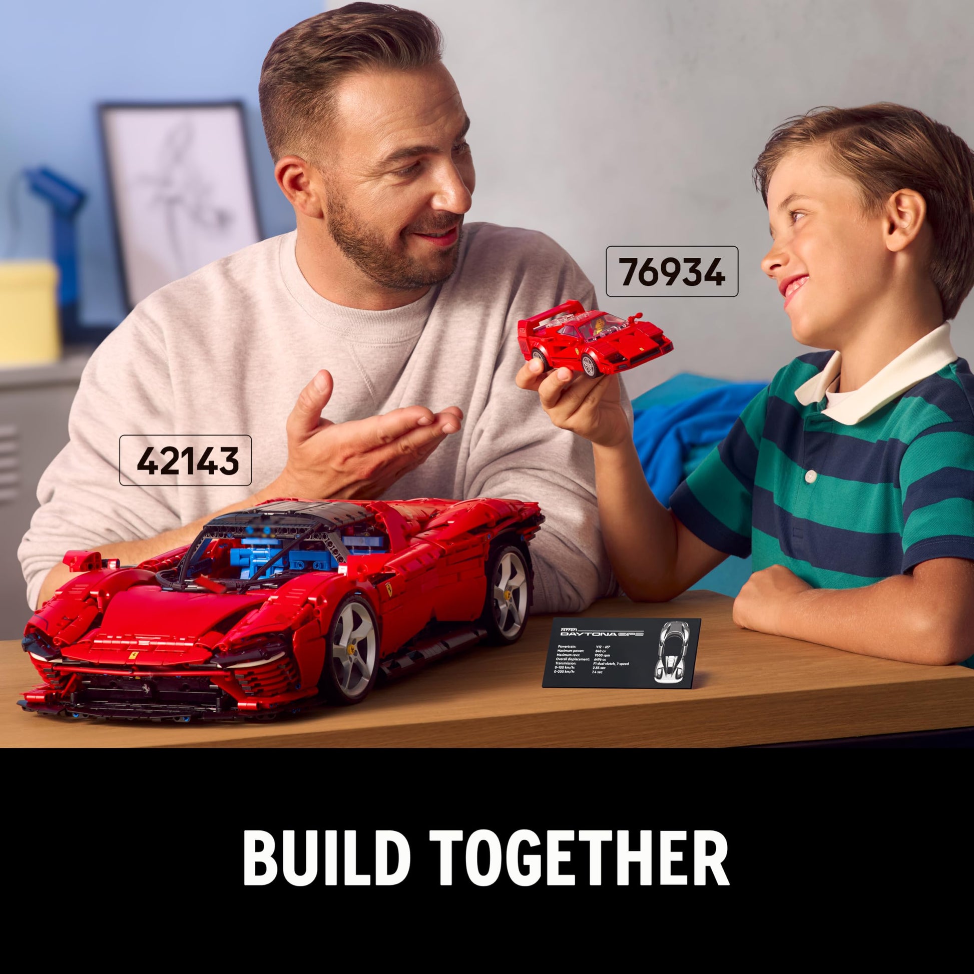 LEGO Speed Champions Ferrari F40 toy model car with driver minifigure, ideal for kids' bedroom decor and imaginative play.
