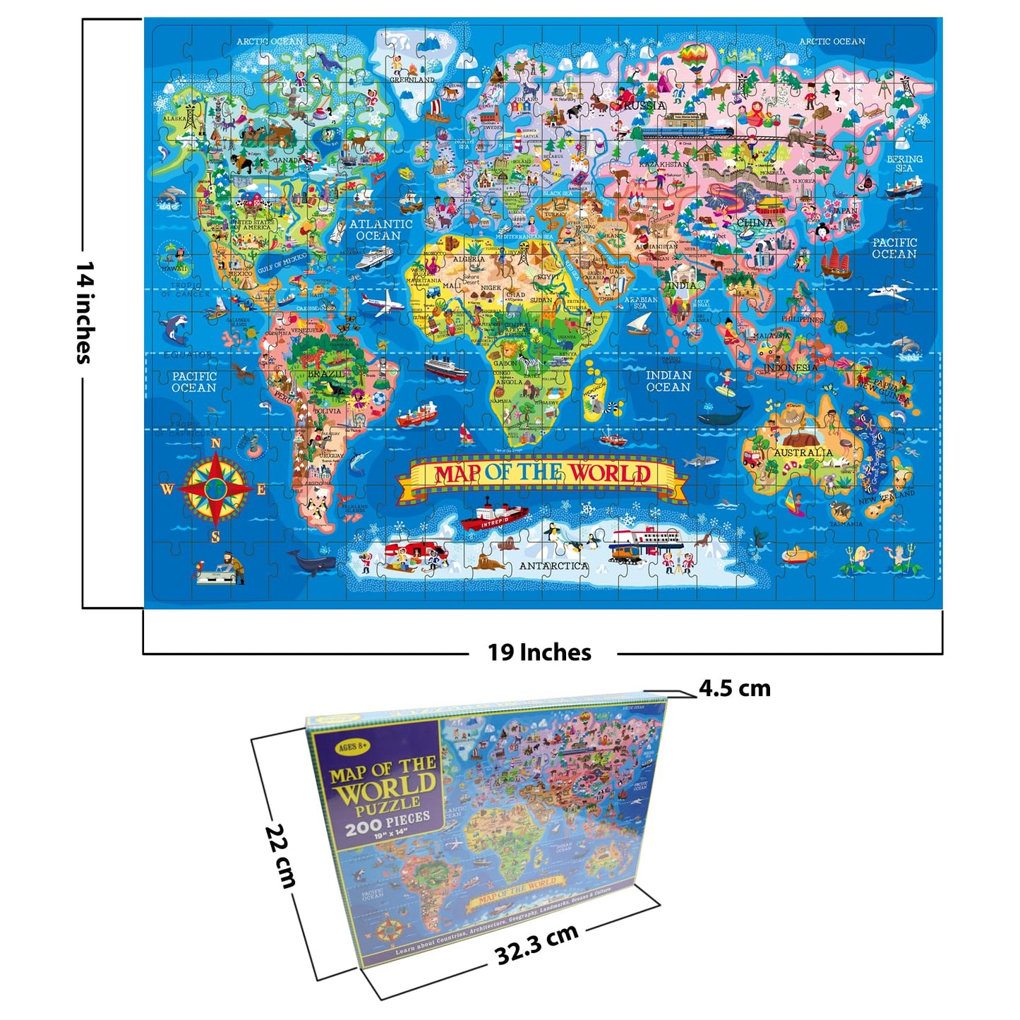 Learncredibles world map jigsaw puzzle for kids age 7+, featuring continents and countries for educational geography learning.