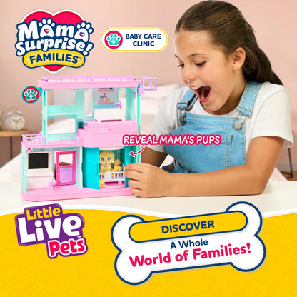 Little Live Pets Mama Surprise Families Baby Care Clinic Playset, Magically Reveal 3 Retriever Puppies, 2-Sided Playset (27.8cm/10.9in Wide, 23.8cm/9.3in High). Feed, Bathe, & Play, Fun Gift for Kids