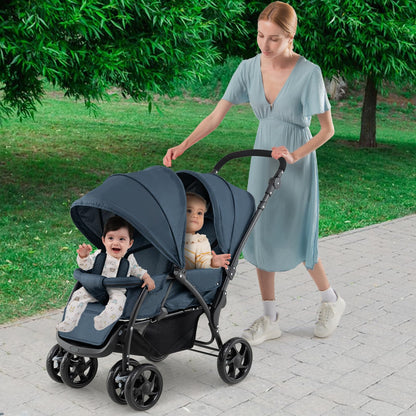 Foldable Twin Stroller, Double Baby Pushchair w/Multi-Level Backrest, Canopy, Handle & Footrest, Safety Belt & Brake System, Travel Tandem Seating Stroller w/Lockable Wheels (Dark Blue)