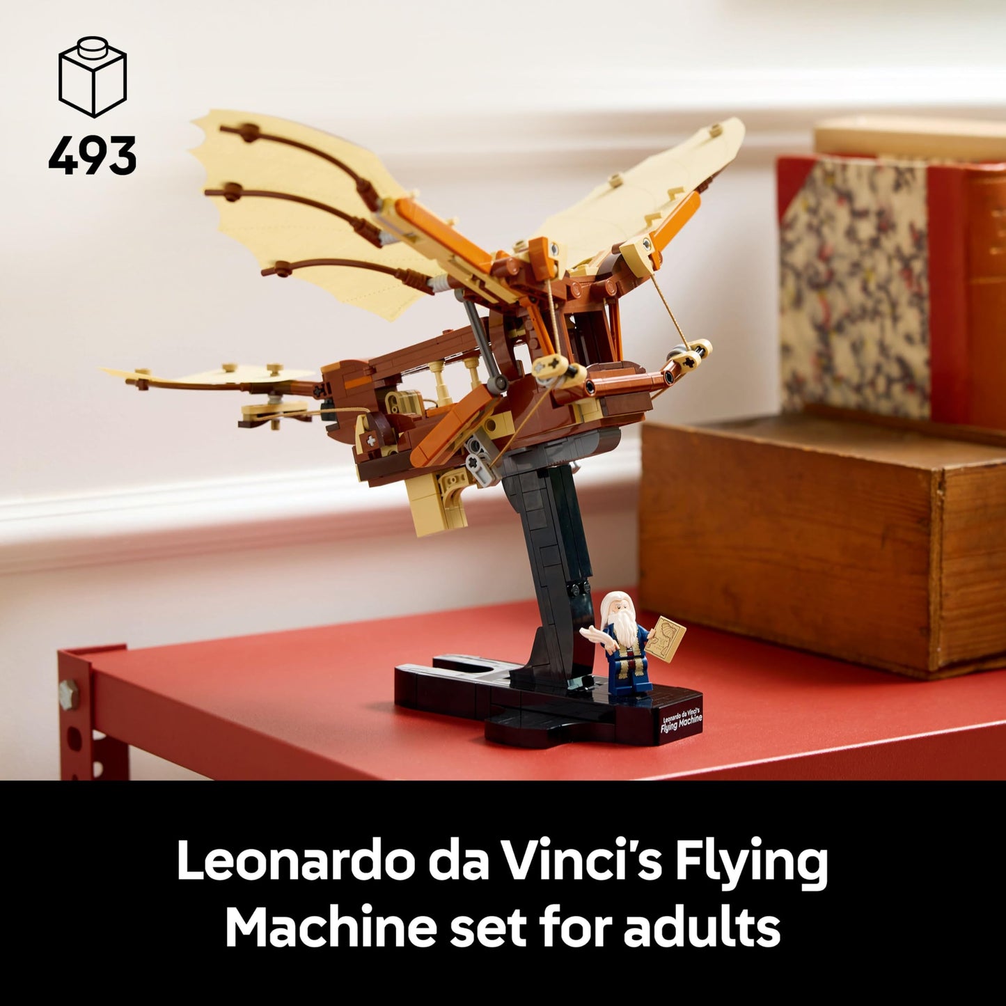 LEGO Icons Leonardo da Vinci's Flying Machine model set for adults, showcasing intricate design and historical aviation detail.