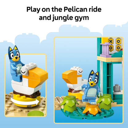 LEGO Bluey Playground Fun set with Bluey and Chloe minifigures, slide, see-saw, and climbing frame for kids aged 4+.