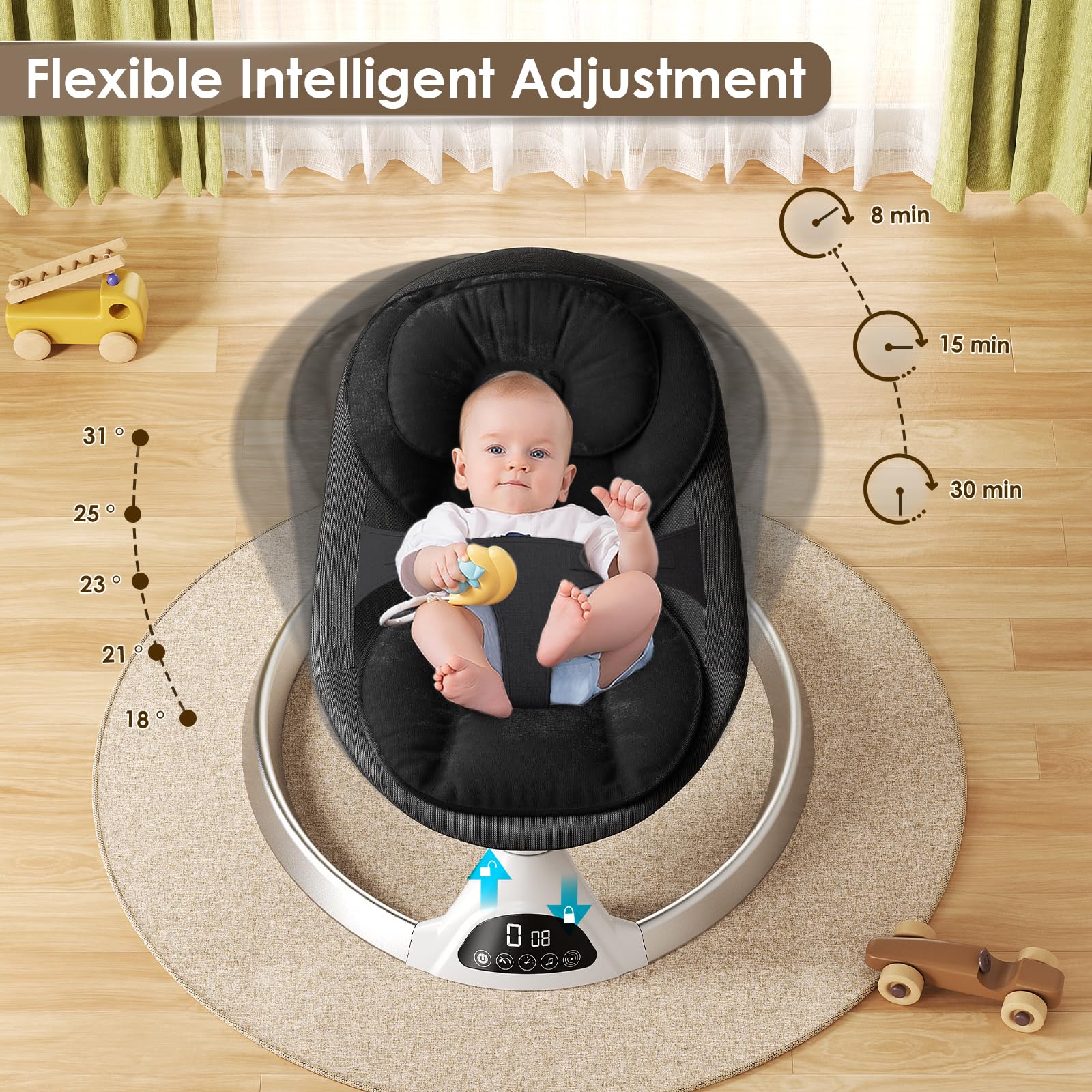 Black Ixdregan electric baby bouncer chair with remote, Bluetooth, 5 swing speeds, 3 timer settings, and soft padded seat.