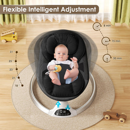 Black Ixdregan electric baby bouncer chair with remote, Bluetooth, 5 swing speeds, 3 timer settings, and soft padded seat.