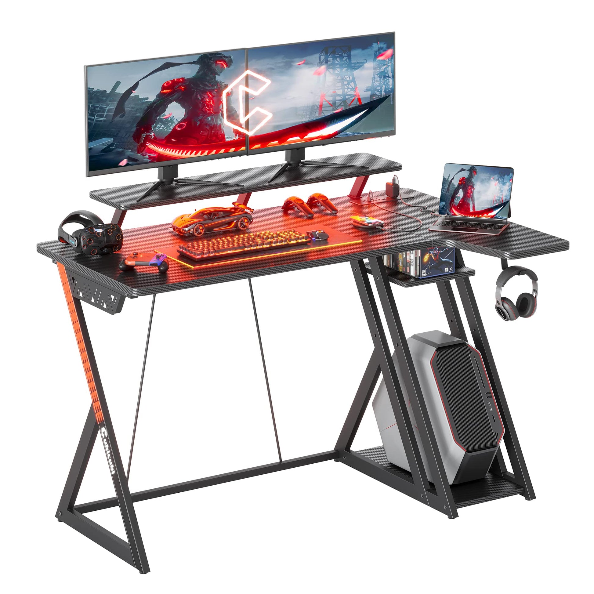 CubiCubi L-shaped gaming desk with LED lights, monitor stand, shelves, hooks, and power outlets in black for home office or gaming setup.