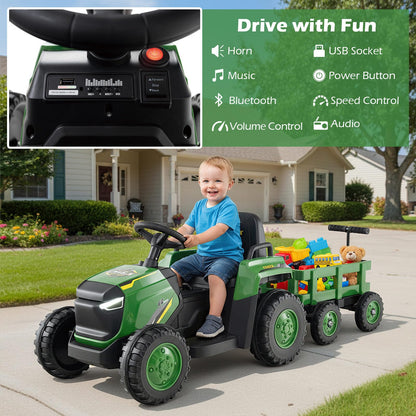 Maxmass Kids Ride on Tractor and Trailer, 12V Battery Powered Electric Construction Toy Car with Remote Control, USB, LED Headlights, Horn, Children Ride on Bulldozer for 3-8 Years Old (Dark Green)