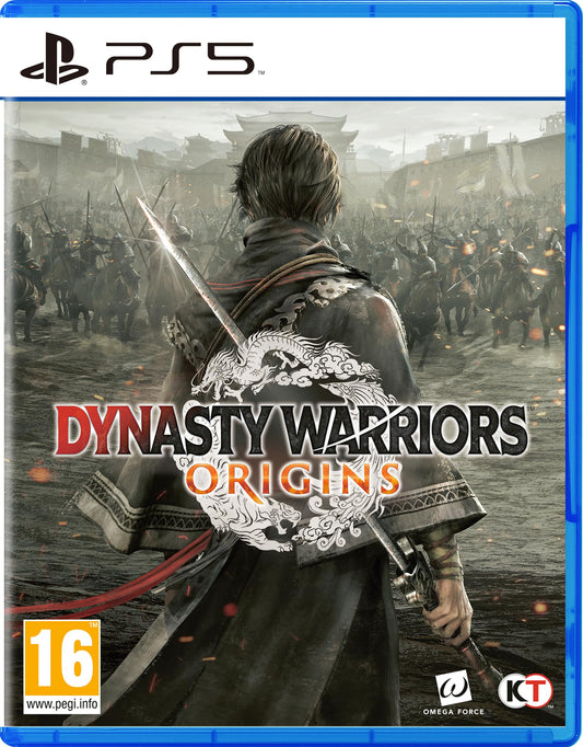 PlayStation 5 game case for Dynasty Warriors: Origins by KT, featuring artwork of ancient warriors and epic battle scenes.