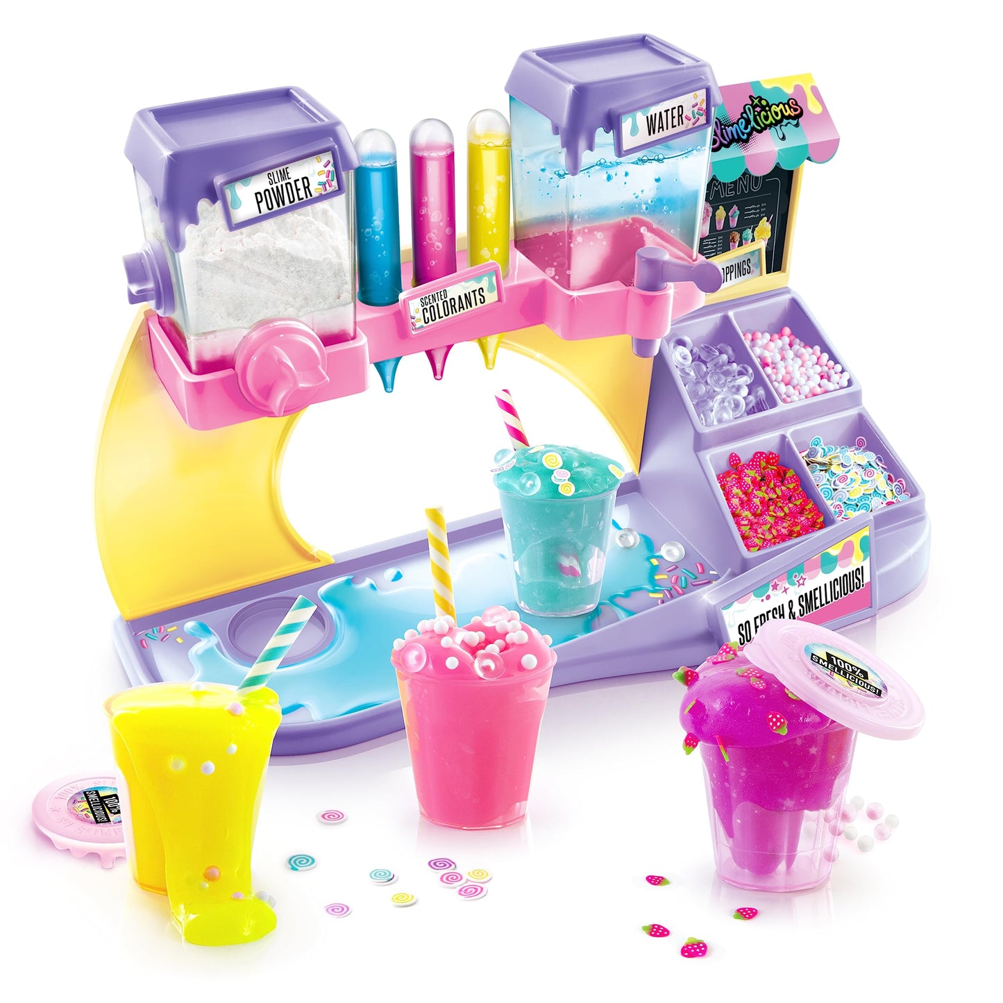 Canal Toys So Slime DIY Slimelicious slime station with colorful containers, shakers, and ingredients for making scented slimes.