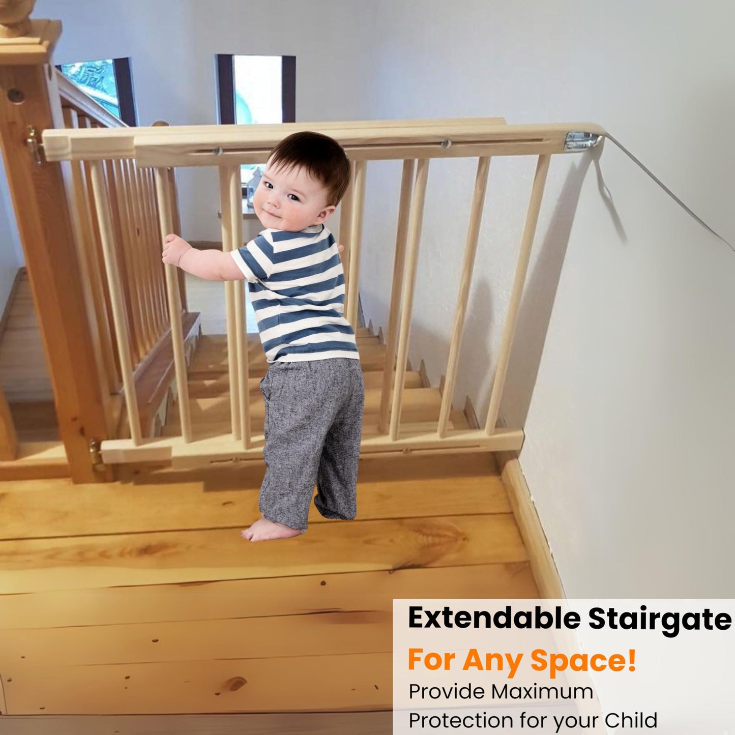 Extendable wooden baby gate by NOVECRAFTO with lock, versatile safety gate for doorways, stairs, pets, and babies, 28.3-48 inches.