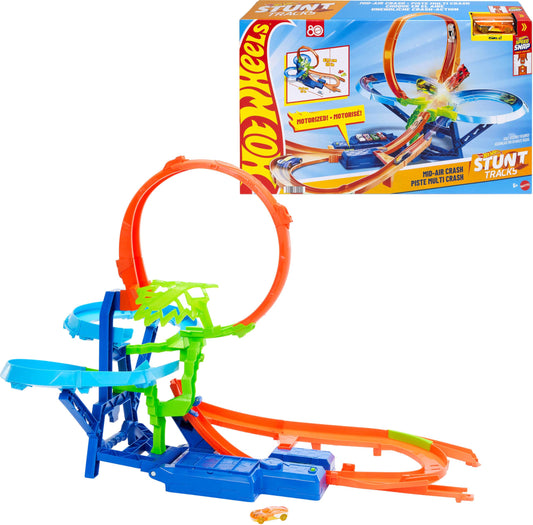 Hot Wheels stunt track set featuring mid-air crash, motorized booster, and 1:64 scale die-cast toy car in action.