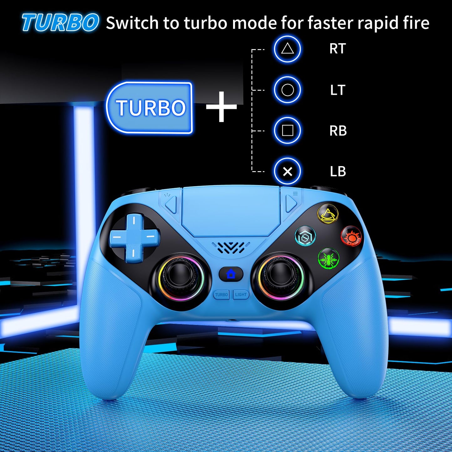 Gamrombo RGB wireless PS5 and PC game controller with back buttons, touchpad, turbo, dual vibration, 6-axis sensor, and 3.5mm audio jack