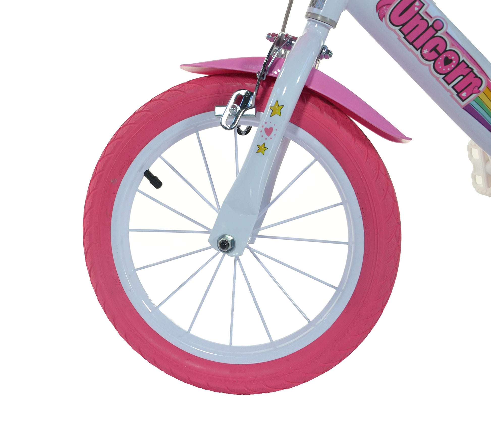 Dino Bikes 16-inch girls' unicorn kids bike in white and pink with doll seat, basket, and stabilizers for young riders.