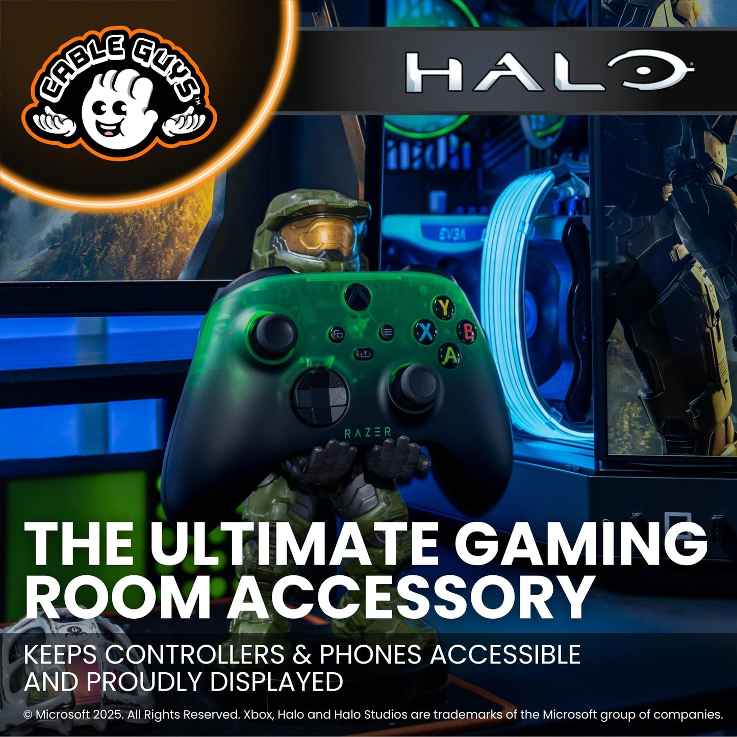Cableguys Halo Master Chief controller holder and phone stand for gaming setups, compatible with Xbox, PlayStation, and standard controllers.