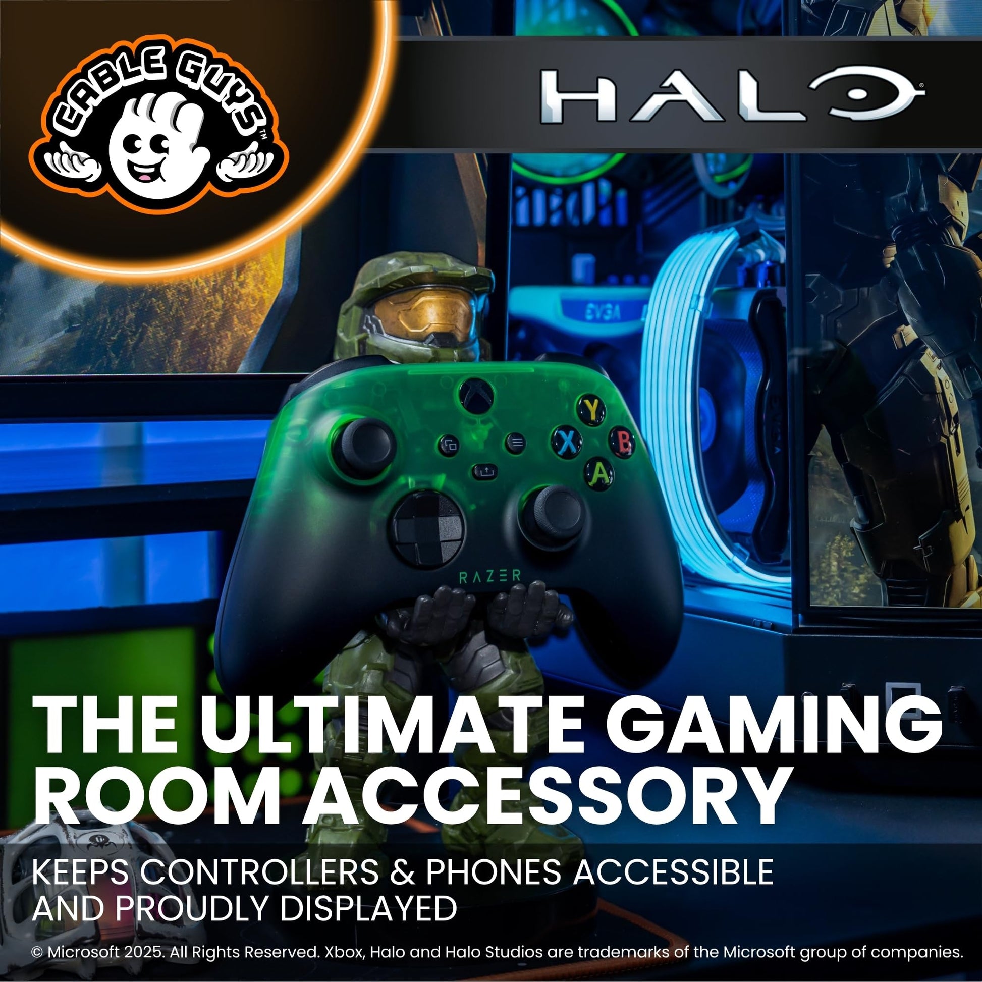 Cableguys Halo Master Chief controller holder and phone stand for gaming setups, compatible with Xbox, PlayStation, and standard controllers.