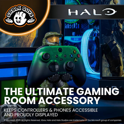 Cableguys Halo Master Chief controller holder and phone stand for gaming setups, compatible with Xbox, PlayStation, and standard controllers.