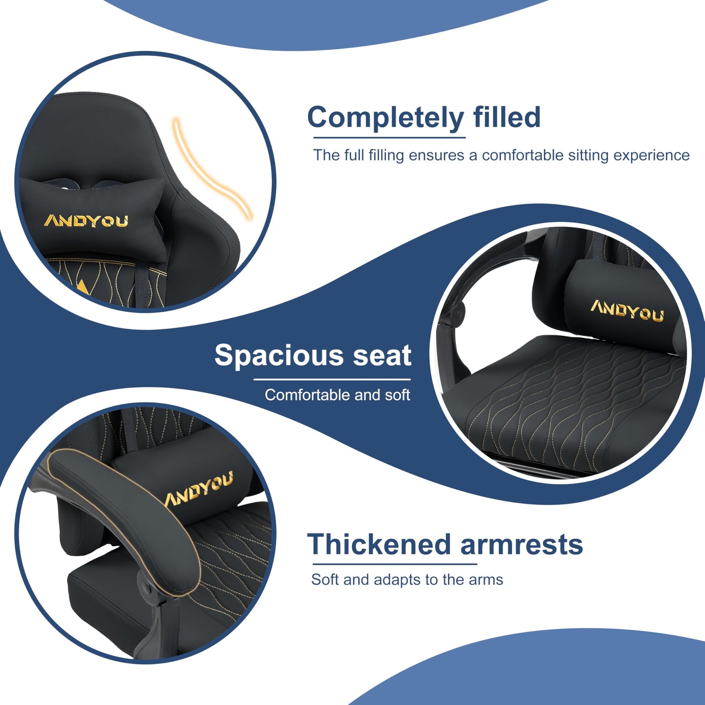 Andyou gaming chair with adjustable footrest, lumbar support, swivel base, and PU leather upholstery for gaming and office use.
