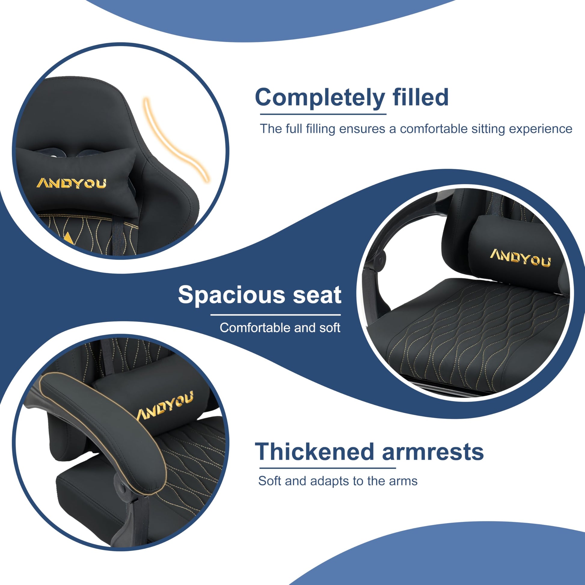 Andyou gaming chair with adjustable footrest, lumbar support, swivel base, and PU leather upholstery for gaming and office use.