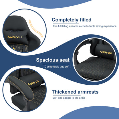 Andyou gaming chair with adjustable footrest, lumbar support, swivel base, and PU leather upholstery for gaming and office use.