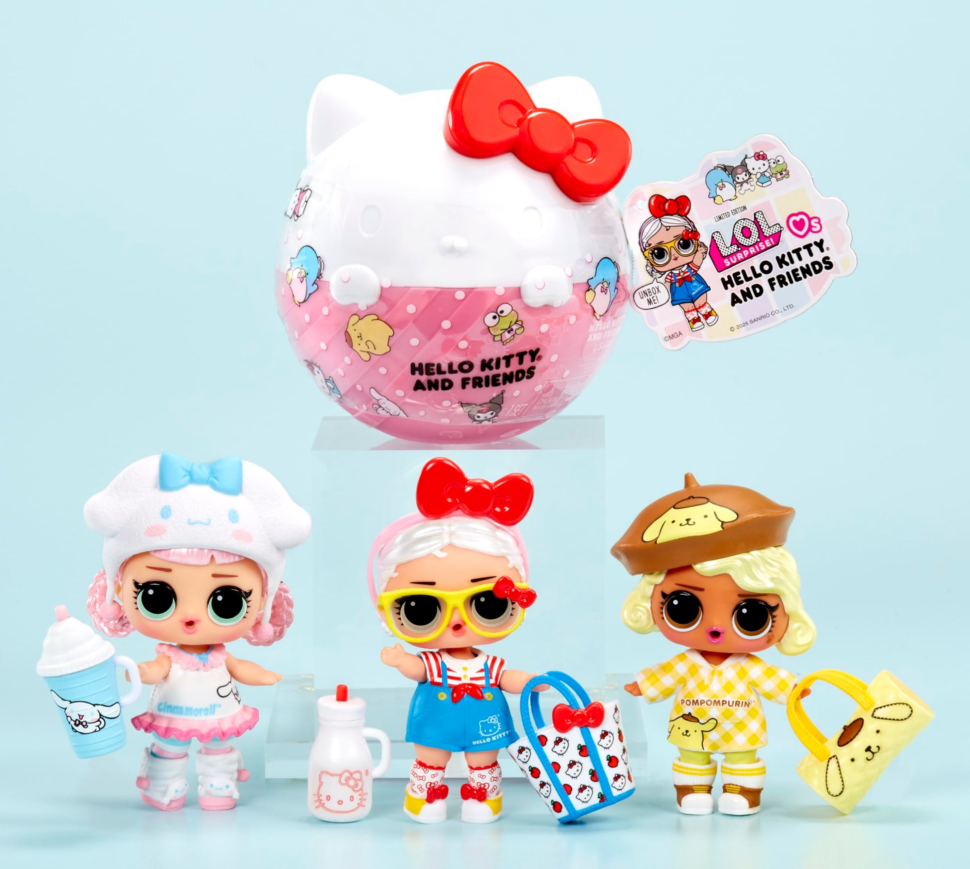 L.O.L. Surprise! Hello Kitty Tots doll with fashions and accessories in a Hello Kitty-shaped ball, blind packaging included.