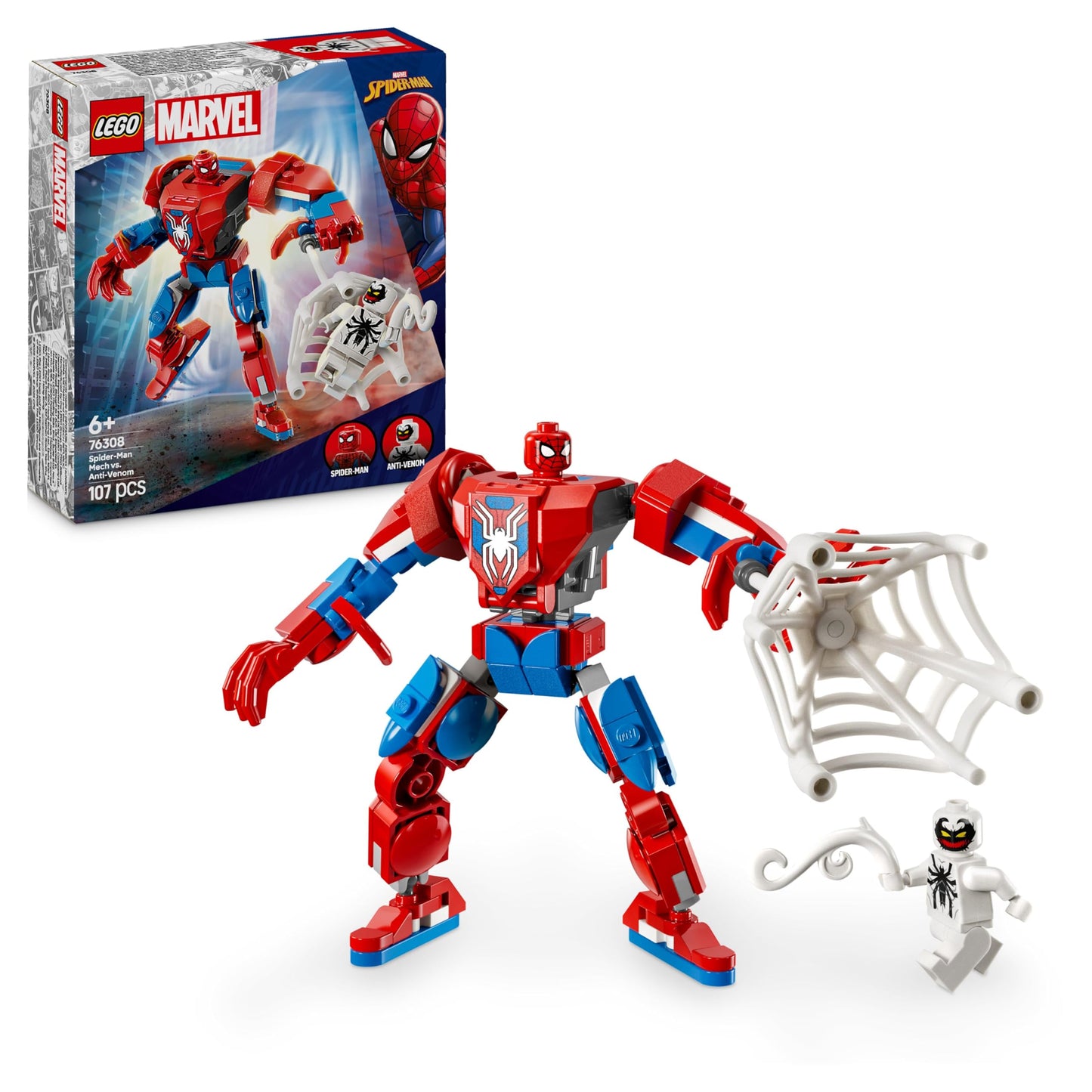 LEGO Marvel Spider-Man Mech vs. Anti-Venom set featuring two minifigures for creative play and building fun.
