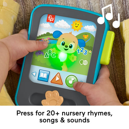 Fisher-Price Laugh & Learn Puppy Storytime Reader pretend tablet with colorful buttons, music, lights, and multilingual features for babies.