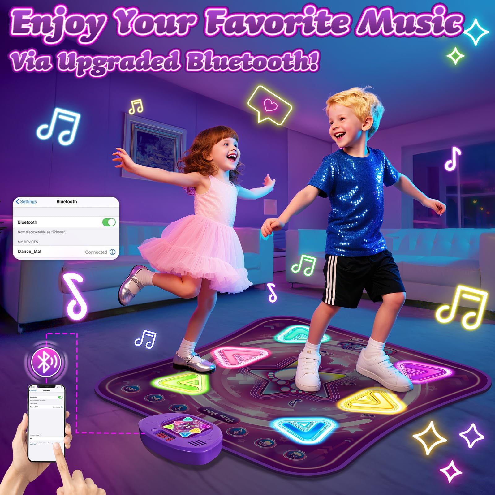 Handwell light-up dance mat for kids with wireless Bluetooth, 5 game modes, colorful surface, designed for children aged 3 to 10.