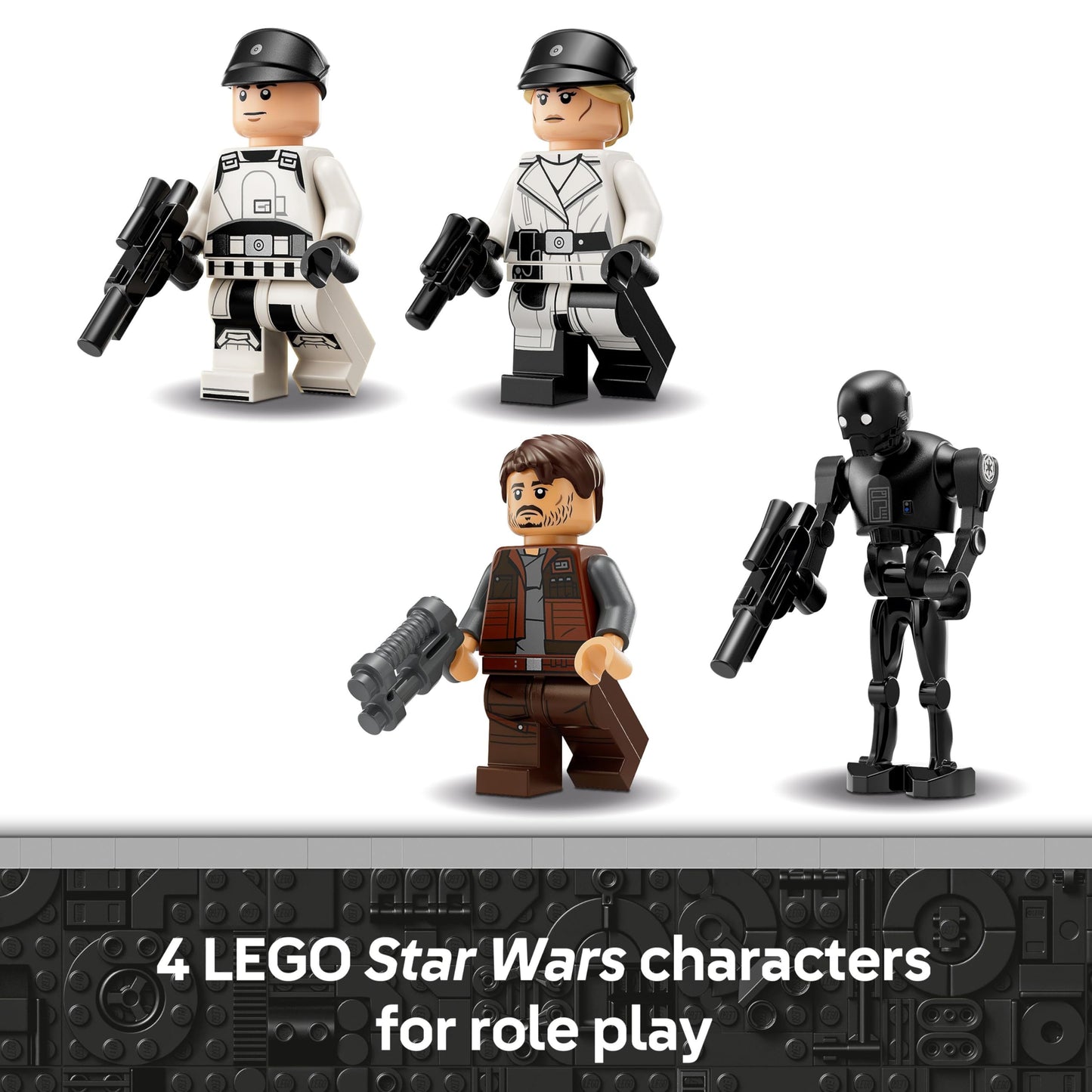 LEGO Star Wars 75399 Rebel U-Wing Starfighter with minifigures, including Cassian Andor and K-2SO, showcasing swing-wing function.