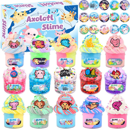 15 pack of Bretohay Axolotl slime kits with cloud, butter, and clear slime, featuring colorful Axolotl charms, soft and stretchy for kids.