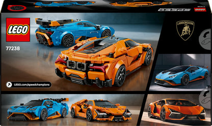 LEGO Speed Champions Lamborghini Revuelto and Huracán STO model kit with two driver minifigures on a display background.