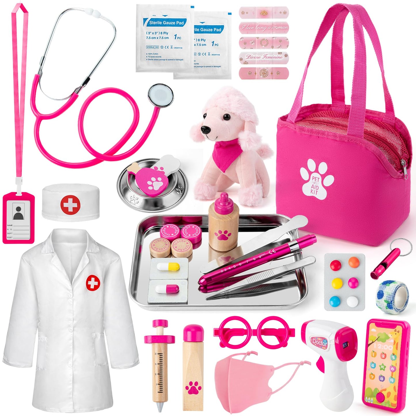 EFO SHM kids doctor set with stethoscope, costume, plush dog, and syringe for imaginative role play and pet care.