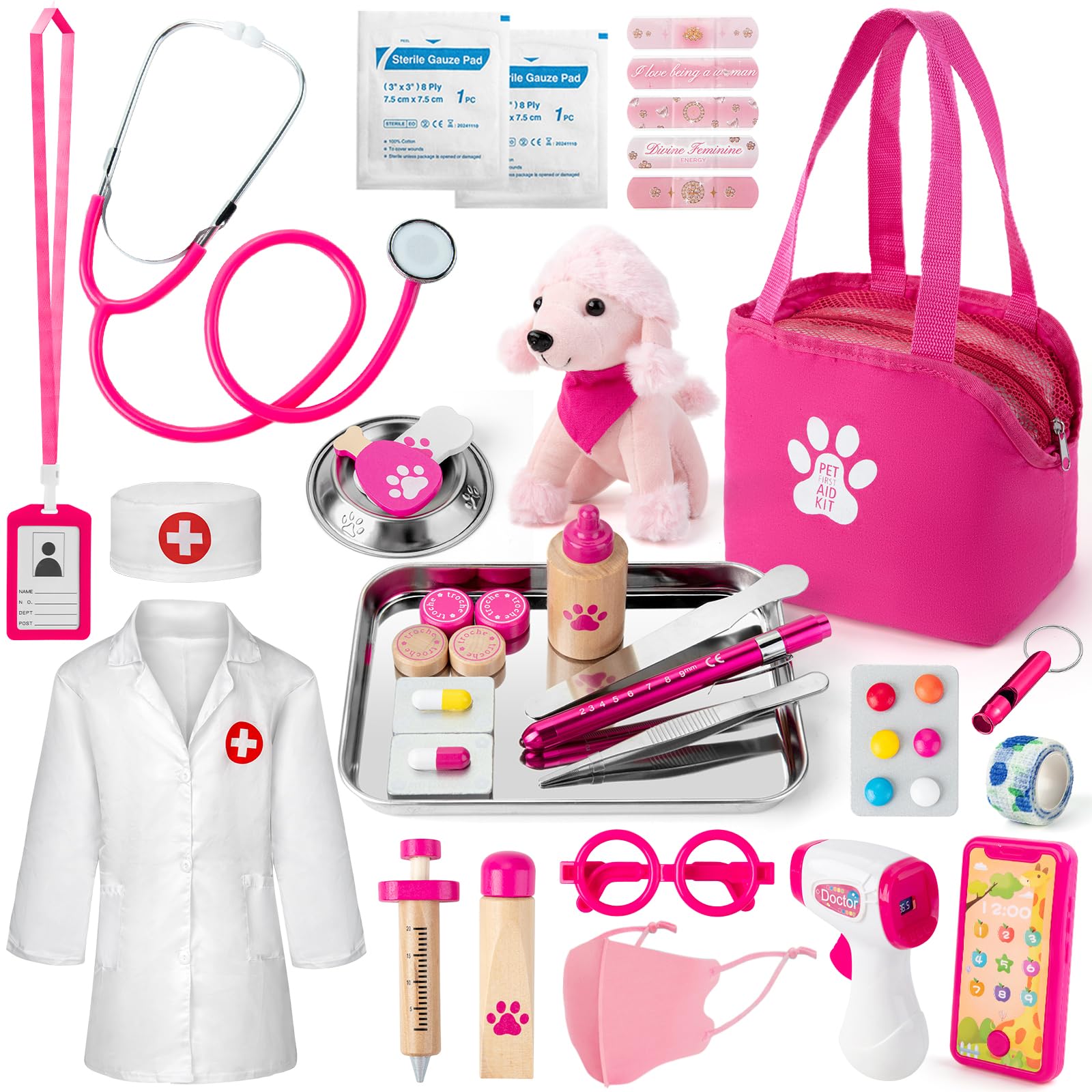 EFO SHM kids doctor set with stethoscope, costume, plush dog, and syringe for imaginative role play and pet care.