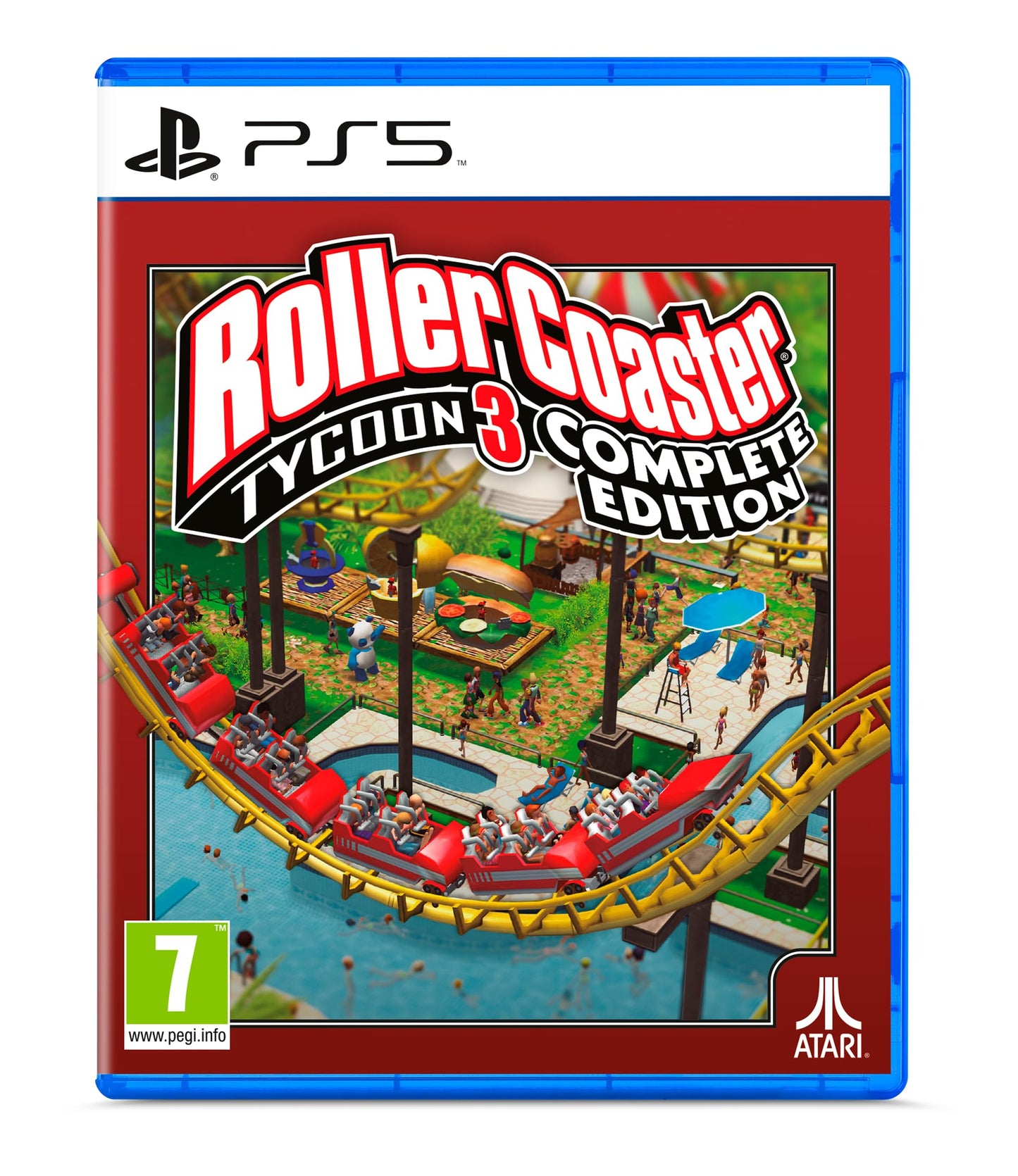 Atari RollerCoaster Tycoon 3 Complete Edition game case for PS5 with colorful cover art and coaster park images.