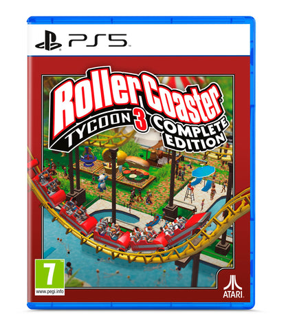 Atari RollerCoaster Tycoon 3 Complete Edition game case for PS5 with colorful cover art and coaster park images.