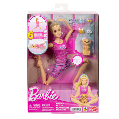 Barbie Mindful Moves Doll in yoga clothes with puppy, featuring lights, sound, and music for meditation modes.