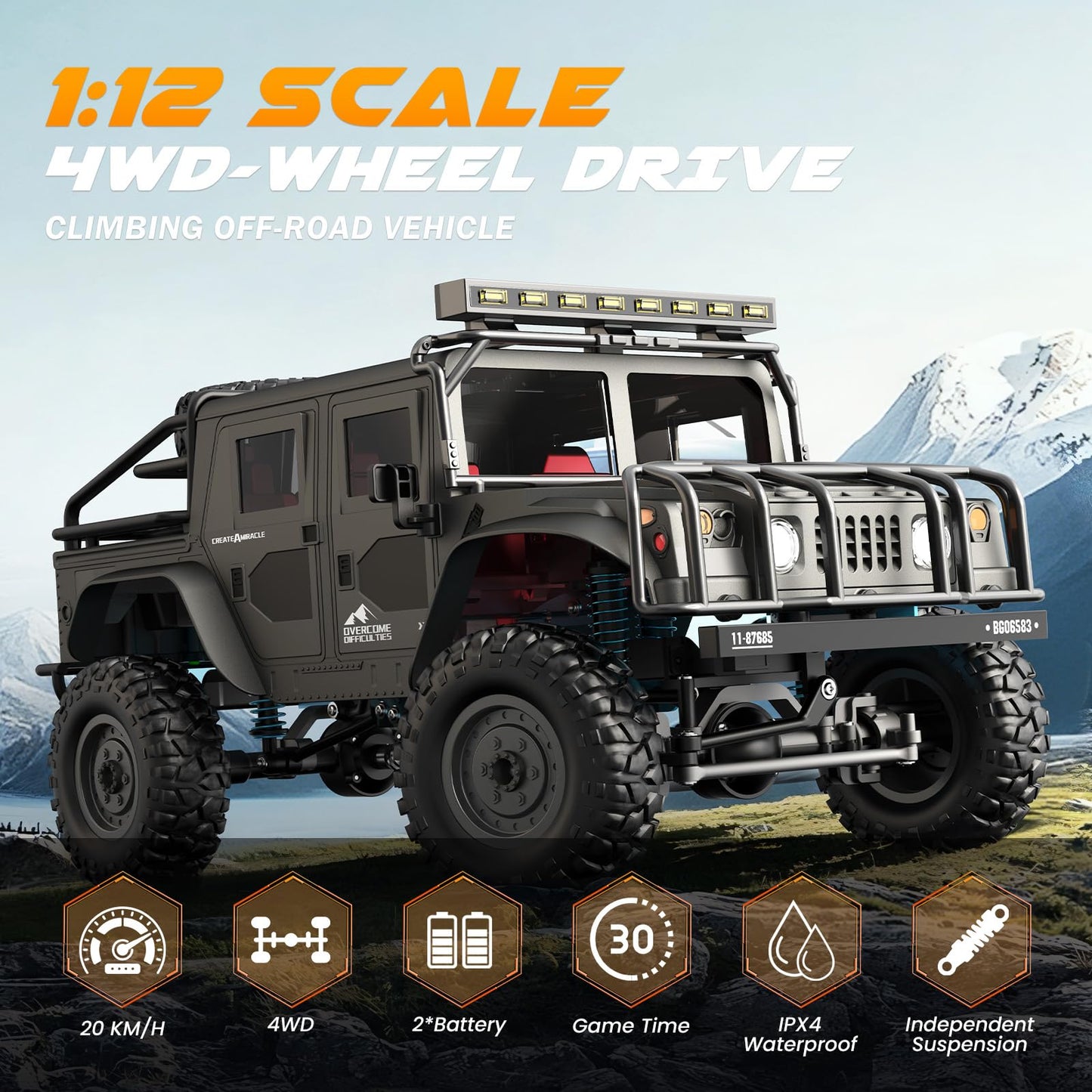 SIMREX 1:12 Scale All-Terrain Remote Control Car, 4WD RC Cars with 2.4 GHz, RC Climbing Truck, IPX4 Waterproof Off-Road Vehicle with Two Rechargeable Batteries, for Kids Teens Adults