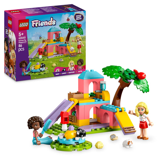 LEGO Friends Guinea Pig Playground set with mini dolls, animal figures, and pet care accessories for imaginative play.