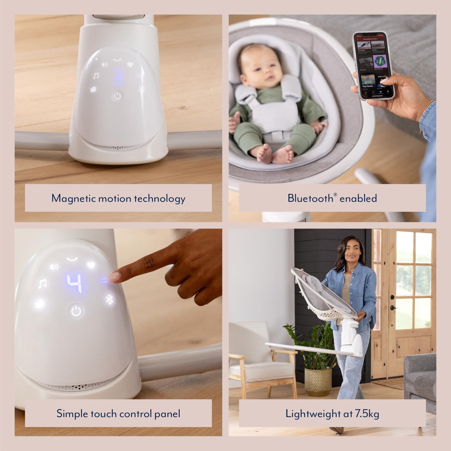 Graco Sway 'n Grow Bluetooth Soother in Heather fashion with swaying motions, vibration, music, and adjustable height for infants.