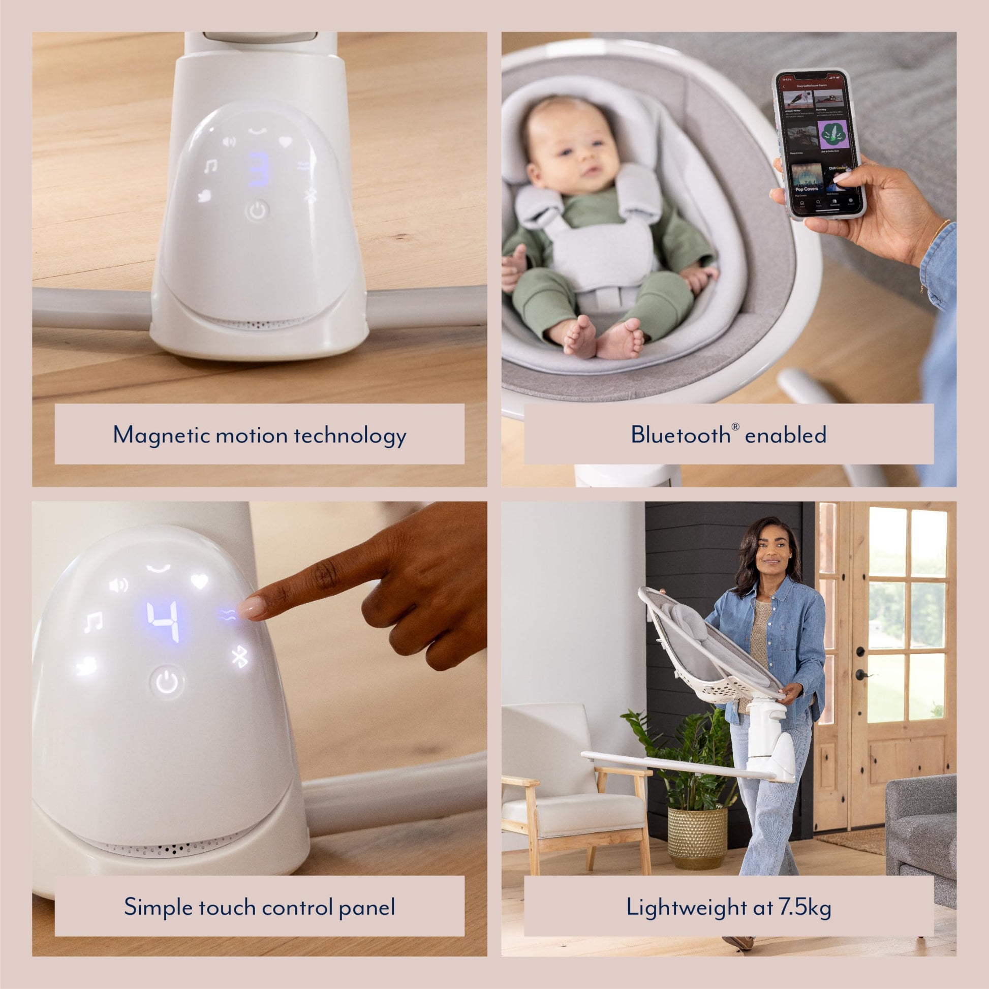 Graco Sway 'n Grow Bluetooth Soother in Heather fashion with swaying motions, vibration, music, and adjustable height for infants.