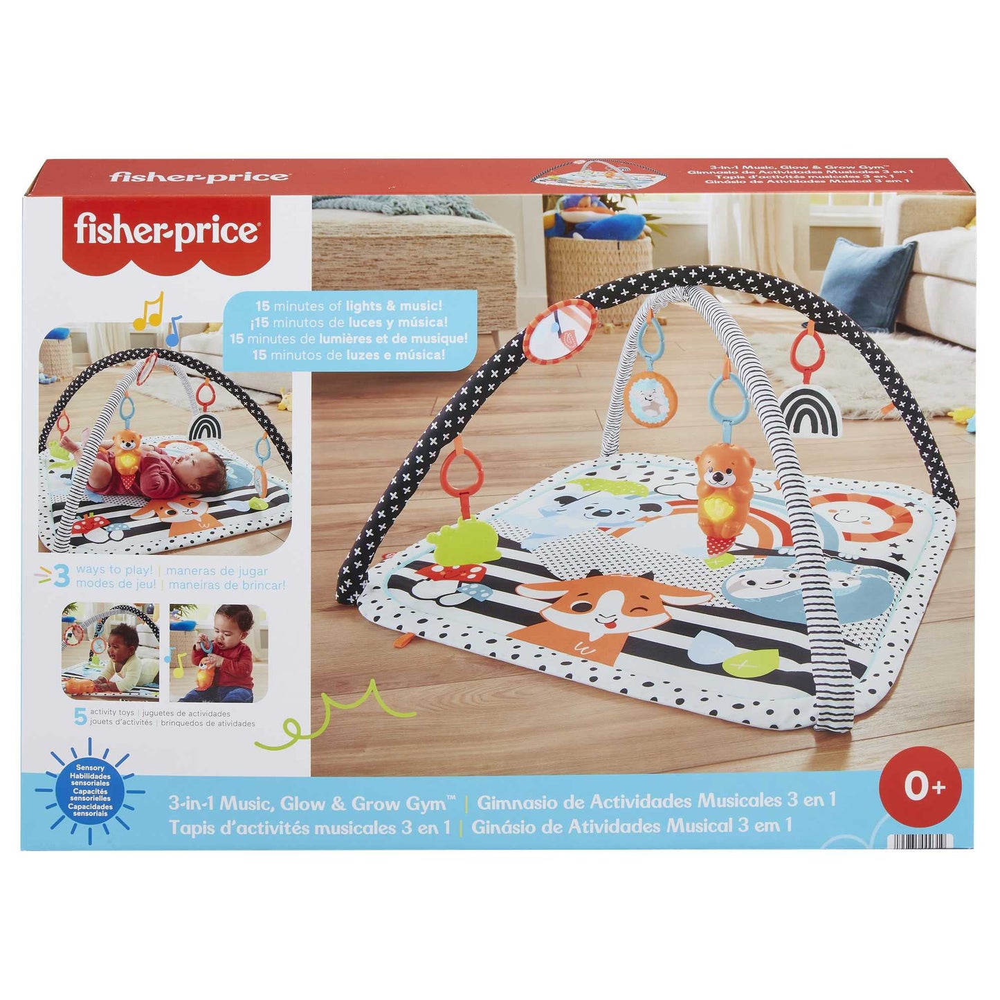 Fisher-Price 3-in-1 baby gym with colorful sensory toys, lights, sounds, and a music glow for newborn tummy time and play.