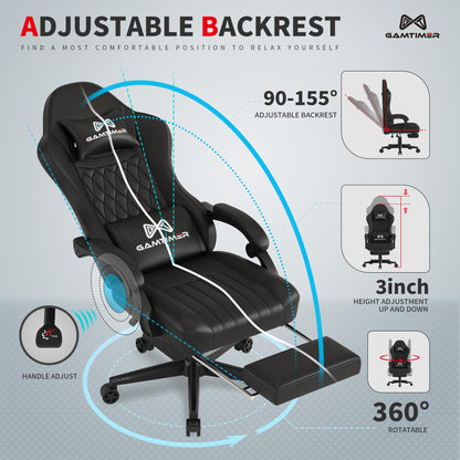 Gamtimer Gaming Chair with Footrest, Ergonomic Computer Chair, PU Breathable Material with Headrest and Lumbar Support, Suitable for Silla Gamer and Adults(BLACK)