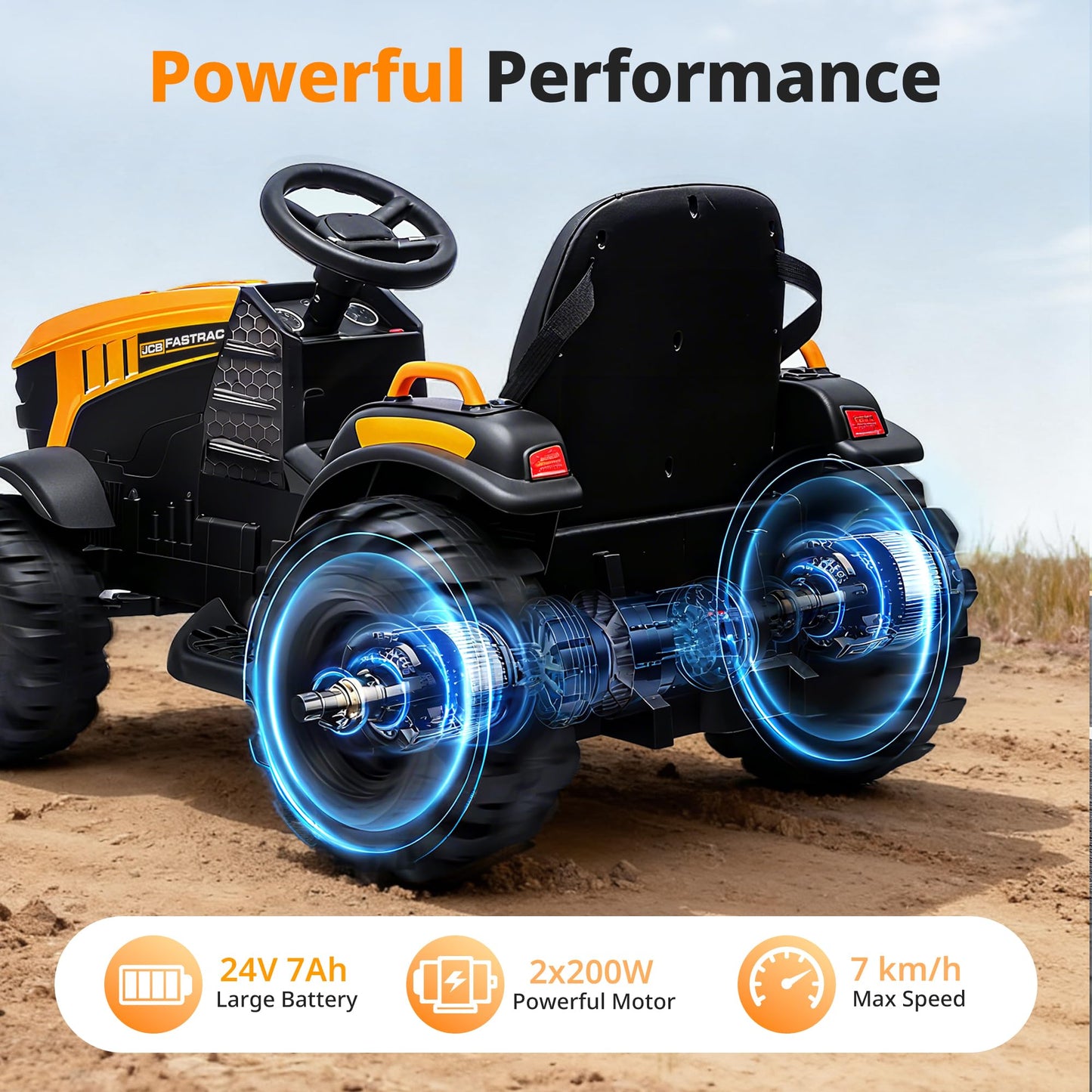 Hikiddo Licensed JCB Ride on Tractor Car, 24V Kids Ride on Tractor for Ages 3-8 with Trailer, Remote Control, 400W Motors - Yellow