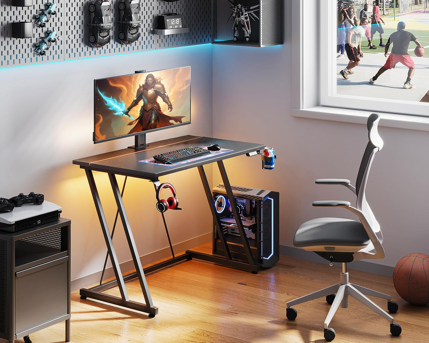 ODK Gaming Desk with LED Lights, Gaming Table with Cup Holder and Headphone Hook, Double Z Frame Design Computer Desk Carbon Fiber Black 80 cm