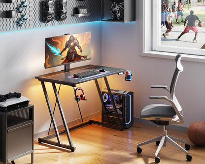 ODK Gaming Desk with LED Lights, Gaming Table with Cup Holder and Headphone Hook, Double Z Frame Design Computer Desk Carbon Fiber Black 80 cm