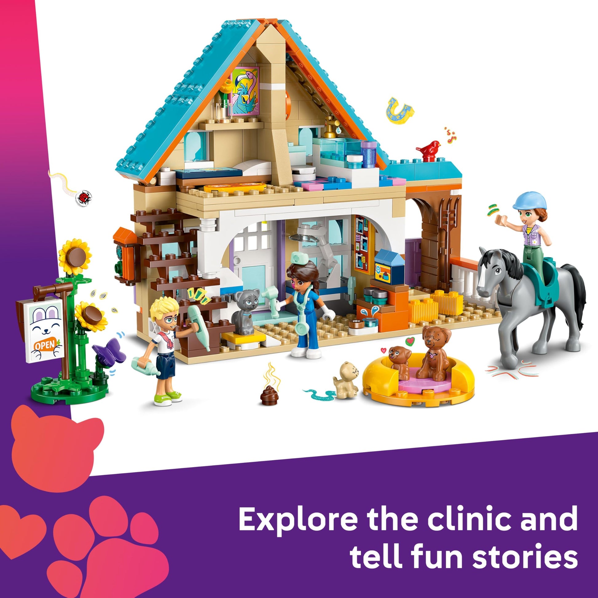 LEGO Friends Horse and Pet Vet Clinic toy featuring a horse, cat, dog figures, mini dolls, stable, and accessories.