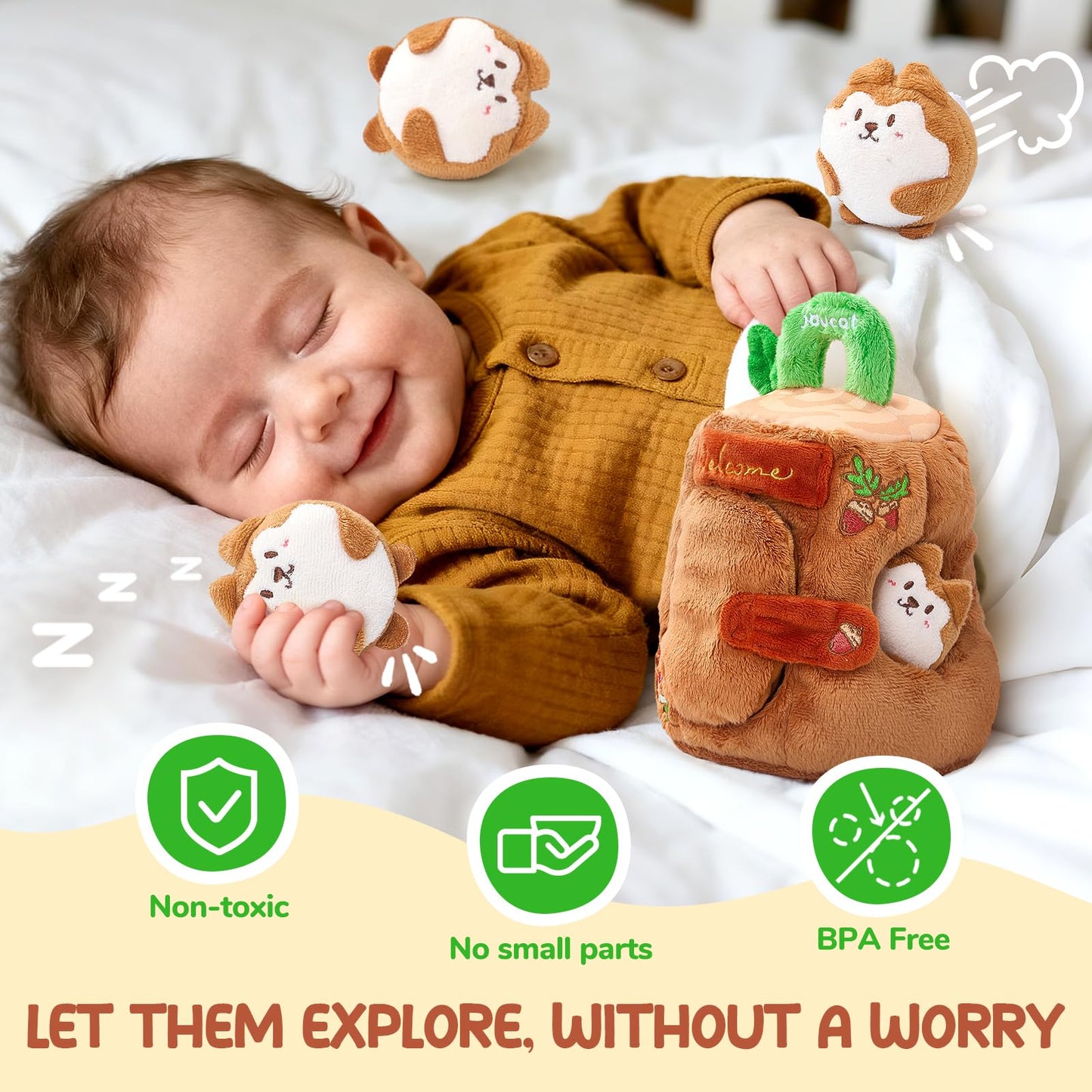 JoyCat Baby Toys 6-12 Months - Soft Baby Treehouse with 5 Sensory Squirrels - Rattle, Crinkle Paper, Squeaker, Mirror, Montessori Soft Toys for Toddlers 0-3 Years Old - Christmas Birthday Gift