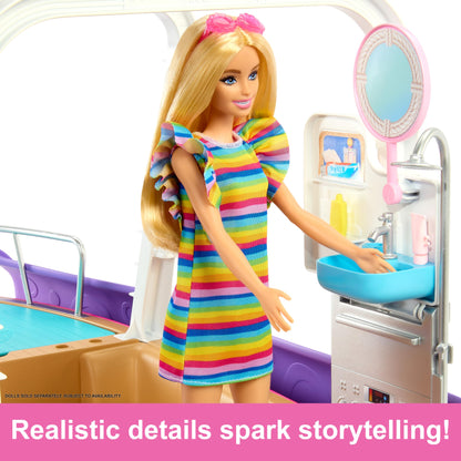 Barbie Dream Boat playset featuring pool, slide, dolphin, and 20+ accessories for imaginative play.