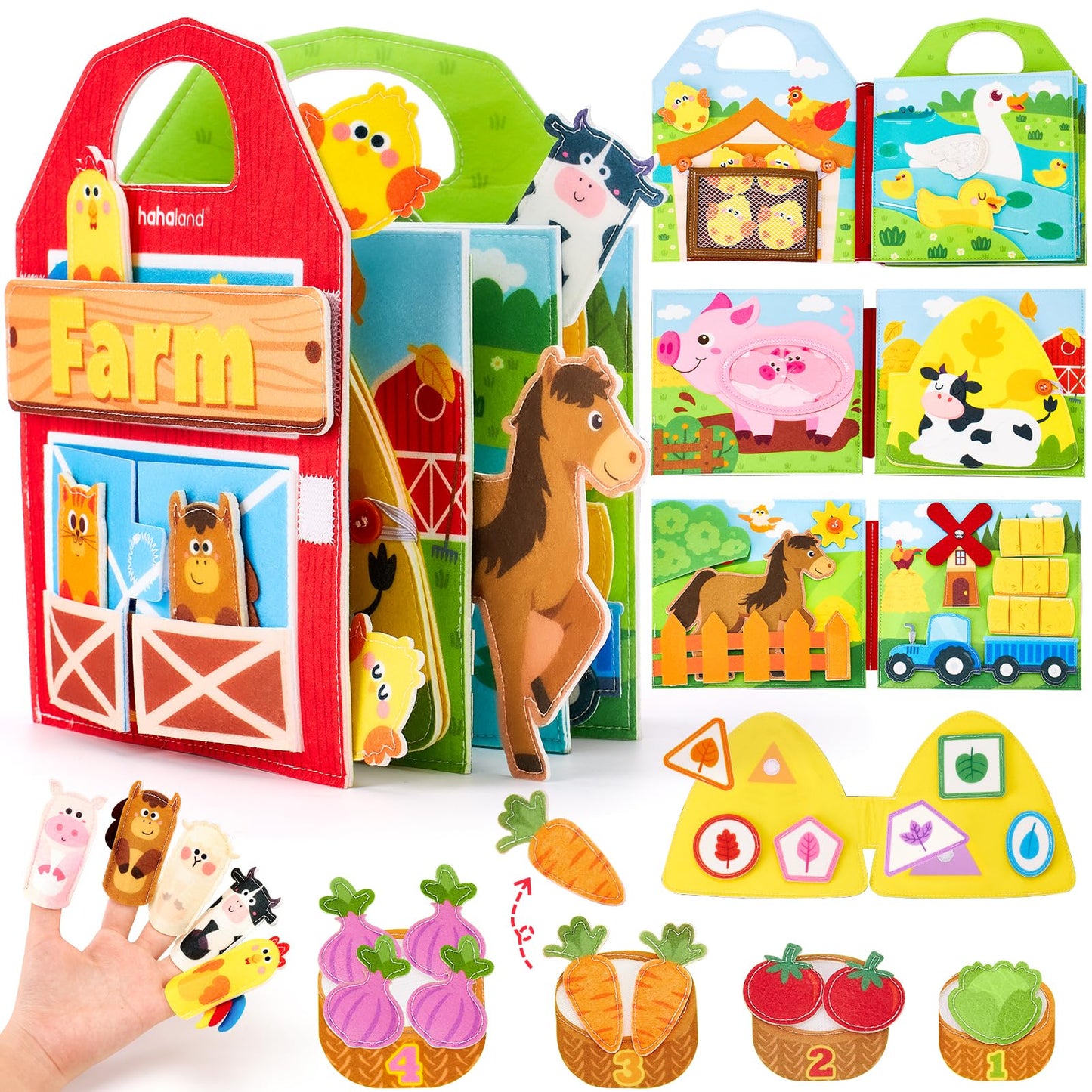 hahaland Montessori Busy Book for 1+ Year Old – 15-in-1 Interactive Sensory Busy Board, Educational Felt Toddler Quiet Toy & Travel Activity, Farm-Themed Baby Toy for 18M+ Girls Boys Airplane